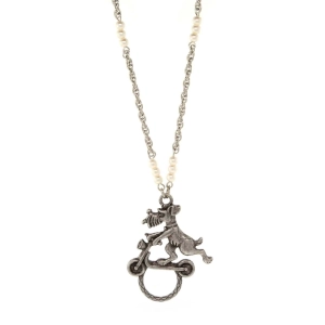 1928 Jewelry Dog On Scooter With Faux Pearl Badge & Eyeglass Holder Chain Necklace 30"