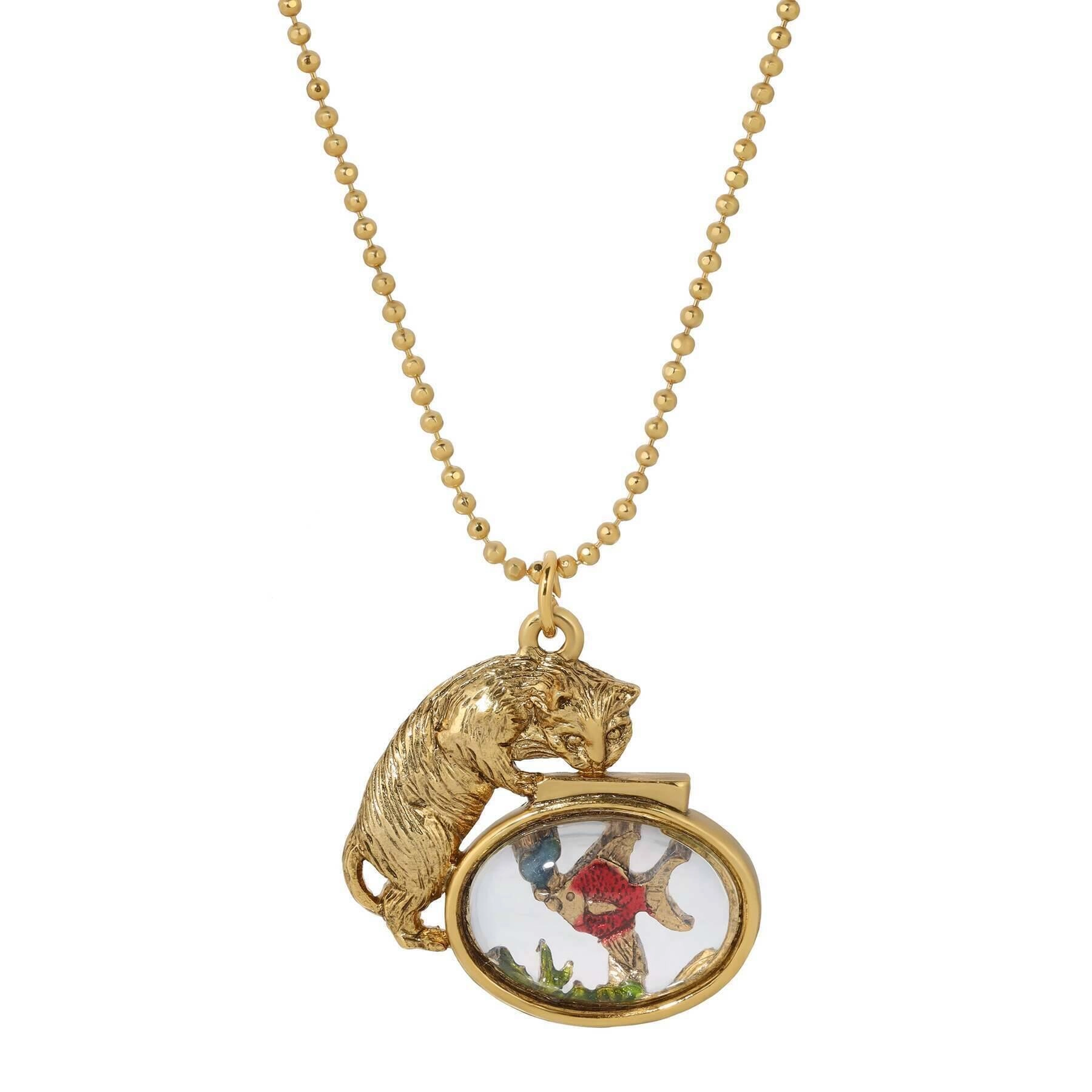 1928 Jewelry Whimsical Cat & Fish Pendant Necklace 18"