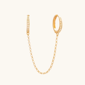 Gold Double Hoop Chained Earring